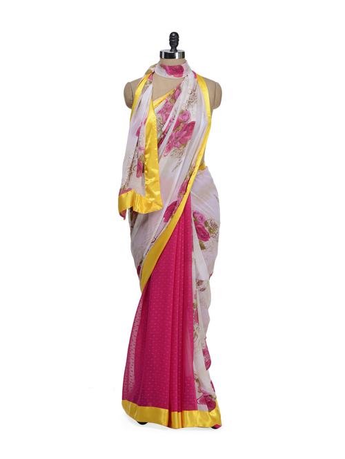 Pink Rose Print Saree - ROOP KASHISH