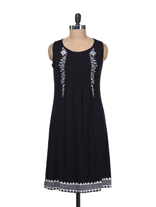 Simple Black Dress With Delicate Embroidery - Global Desi
