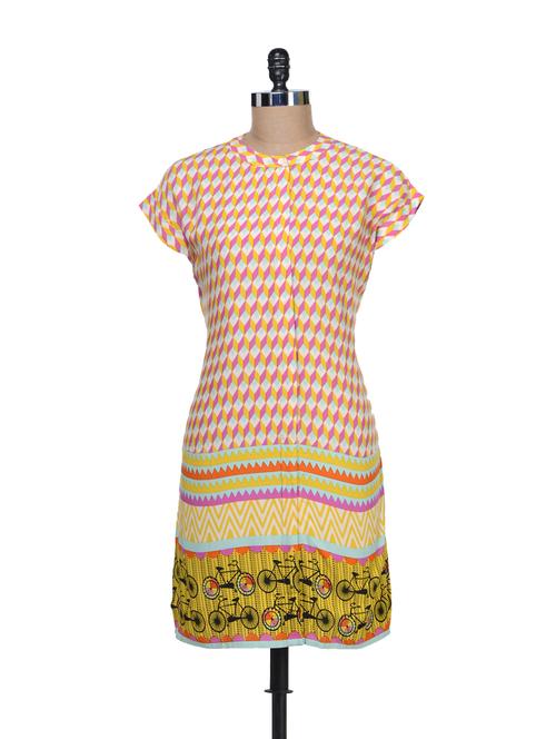 Geometric Print Tunic With Bicycle Print Hemline - Global Desi