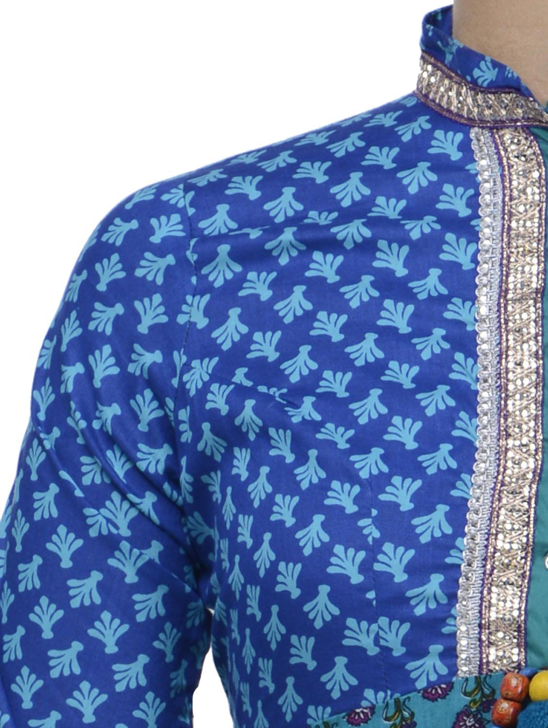 Traditional Blue & Green Printed Kurta - 58894 - Zoom Image - 4