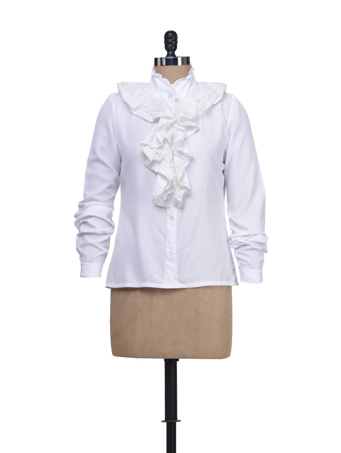 Solid White Shirt With Ruffled Neckline - Liebemode