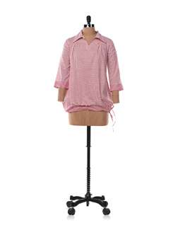 Pink and Red Block Printed Shirt with a Balloon Hem - KILOL