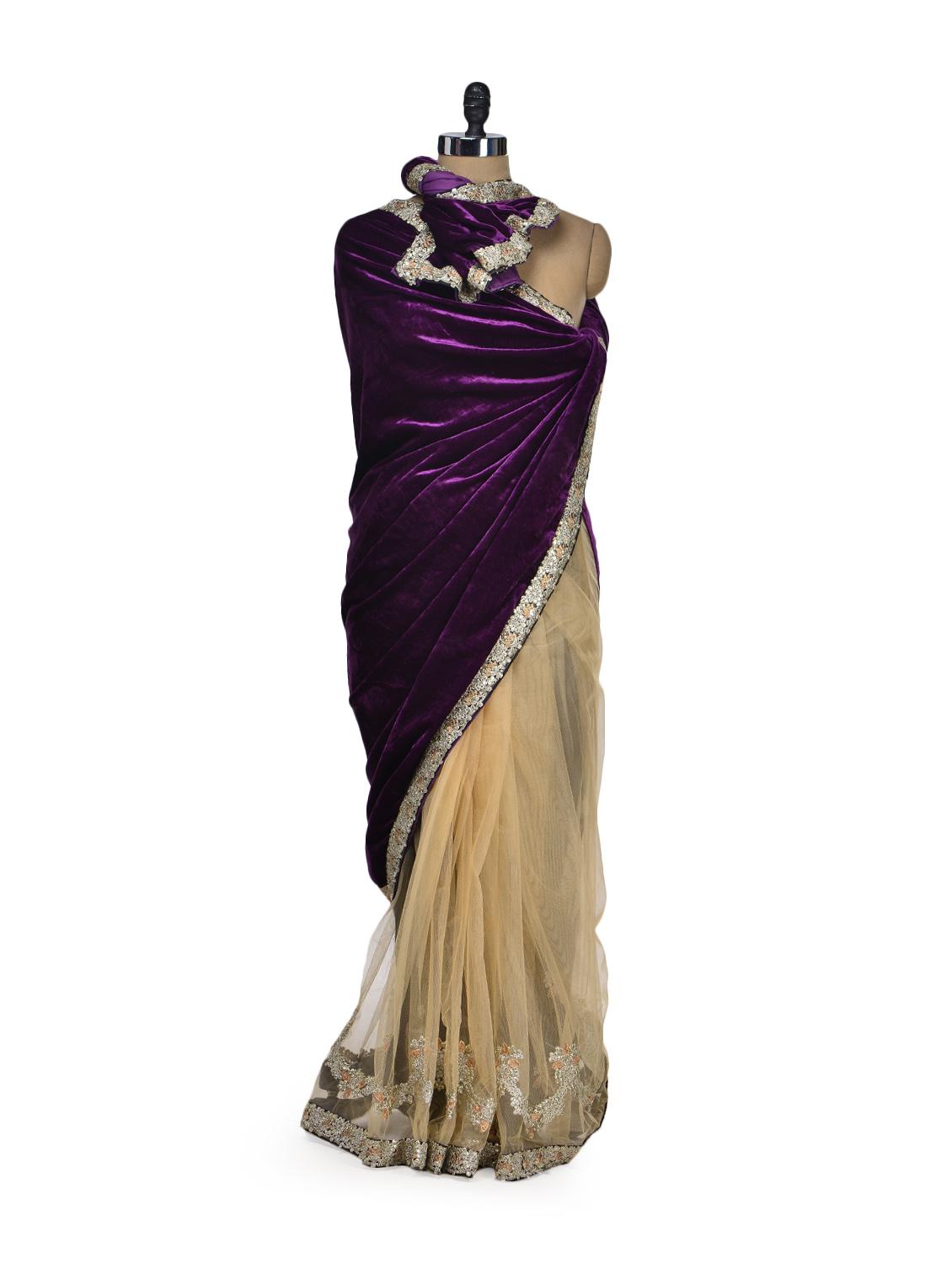 Elegant Beige & Purple Designer Saree - Get Style At Home