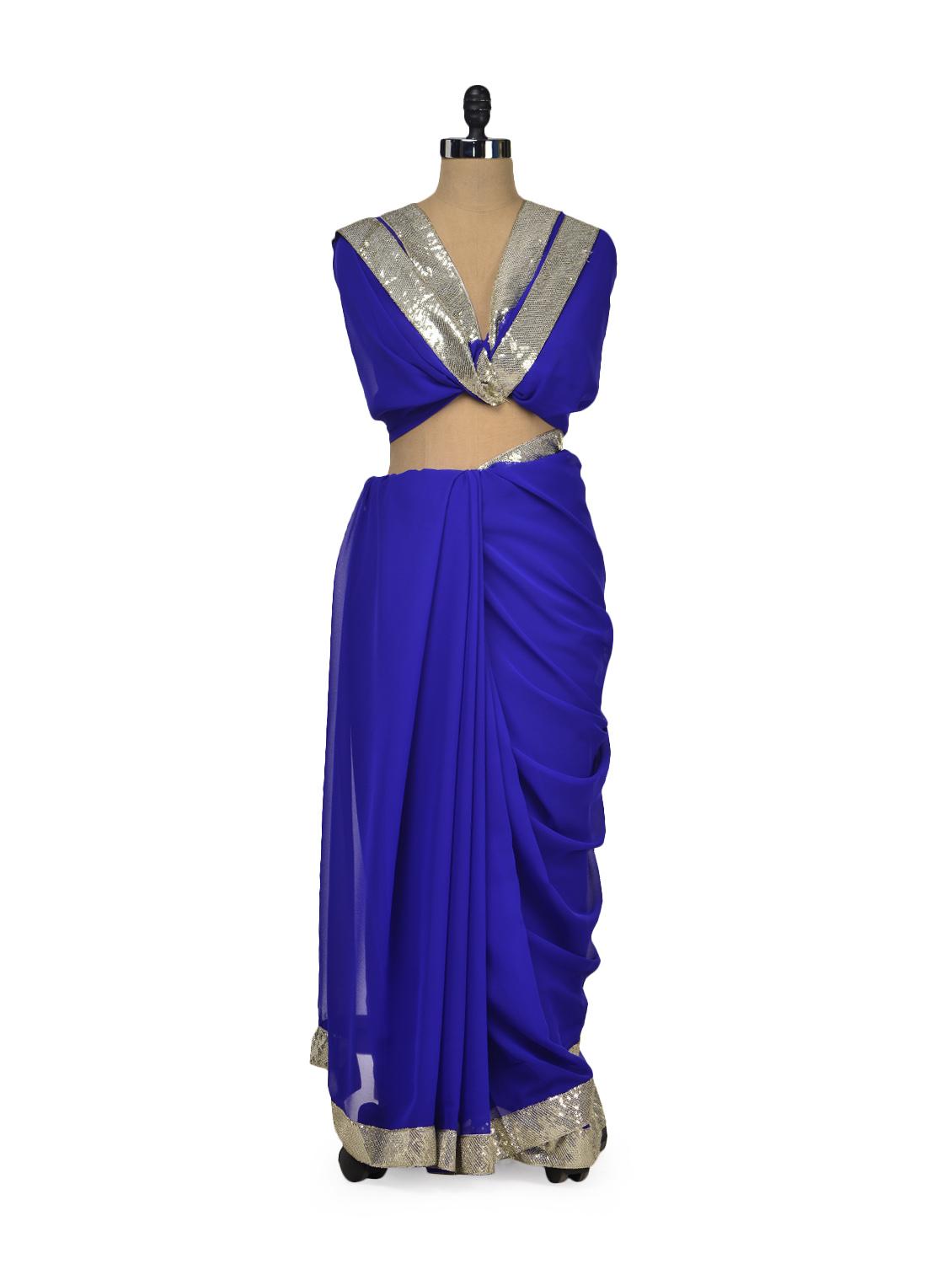 Elegant Blue & Silver Saree - Get Style At Home
