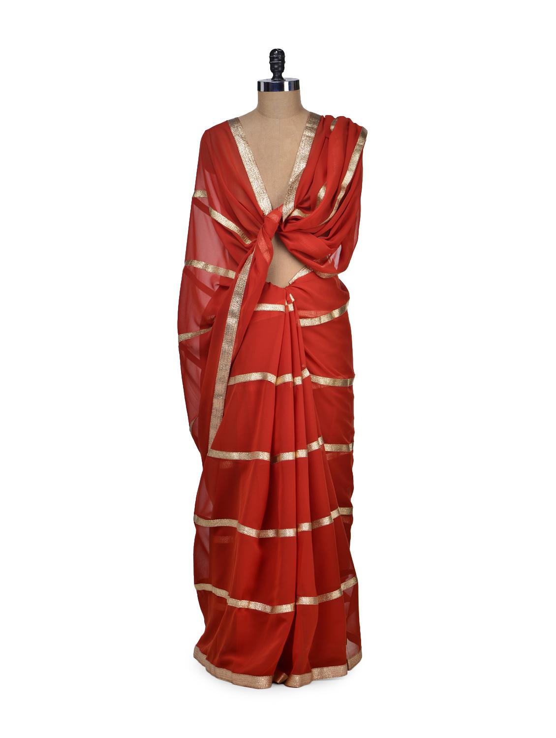 Elegant Orange & Gold Saree - Get Style At Home