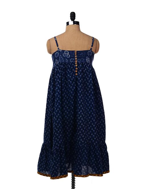 Blue Knee Length Dress With Adjustable Straps - Desiweaves