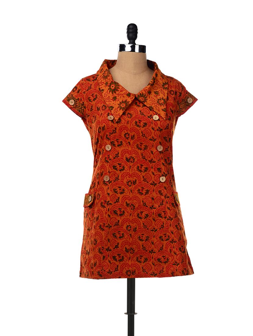 Rust Collared Dress With Big Patch Pockets At The Side - Desiweaves