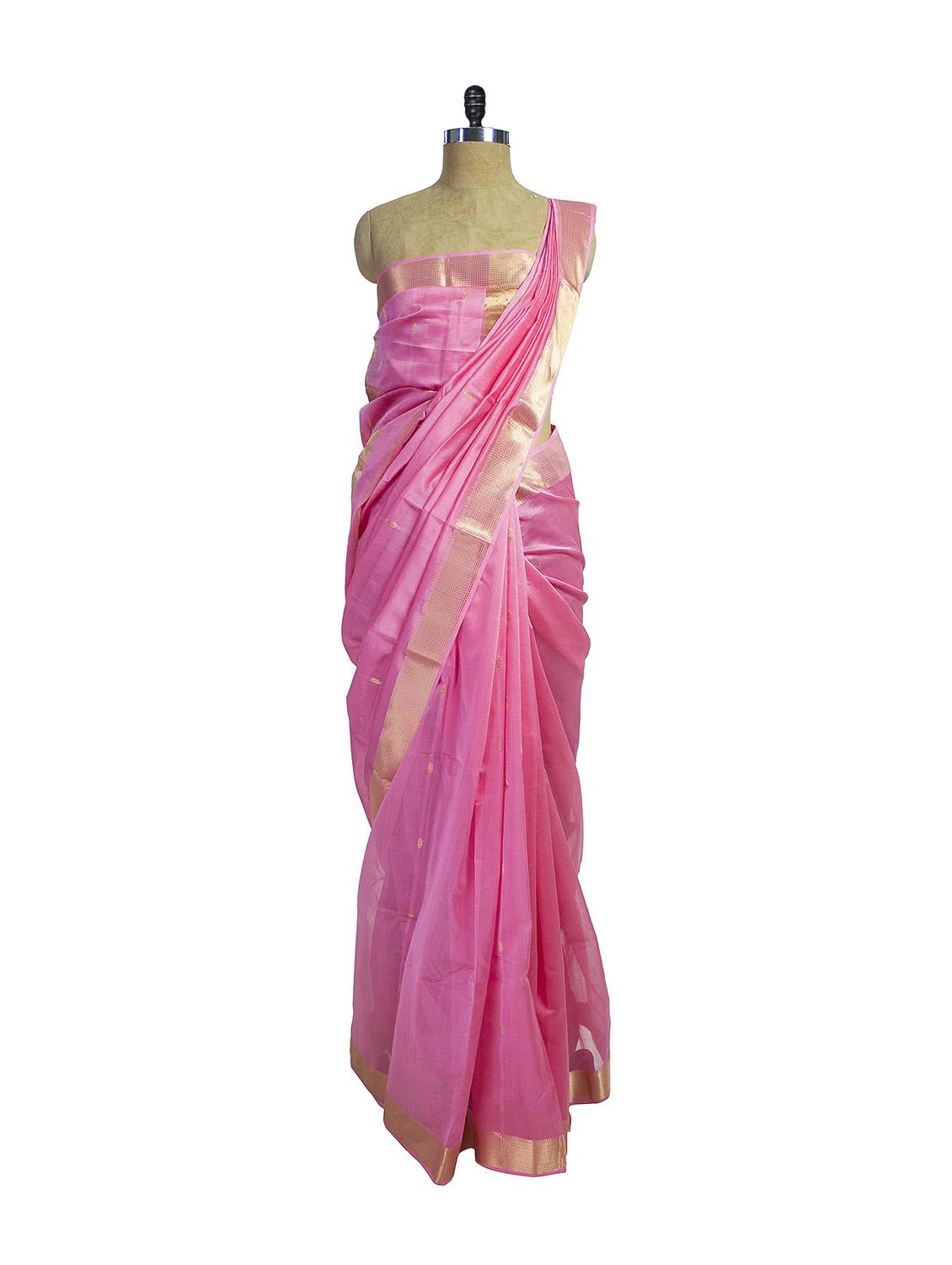 Pink Cotton Silk Maheshwari Saree - Spatika Sarees