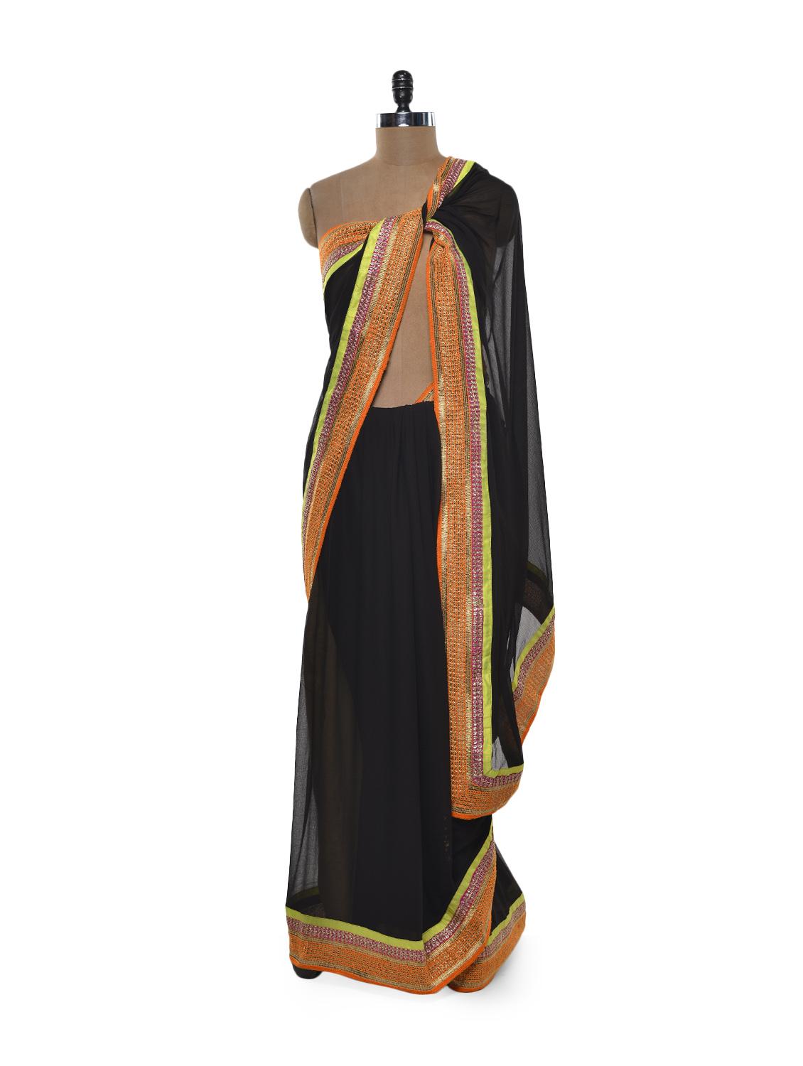 Black And Neon Net Saree - Free Living