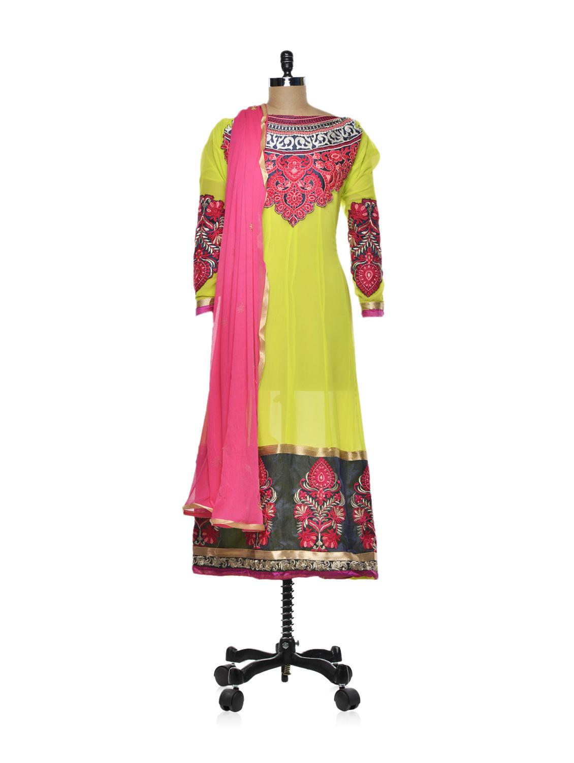 Trendy Lime Green Kalidar Kurti - Purple Oyster