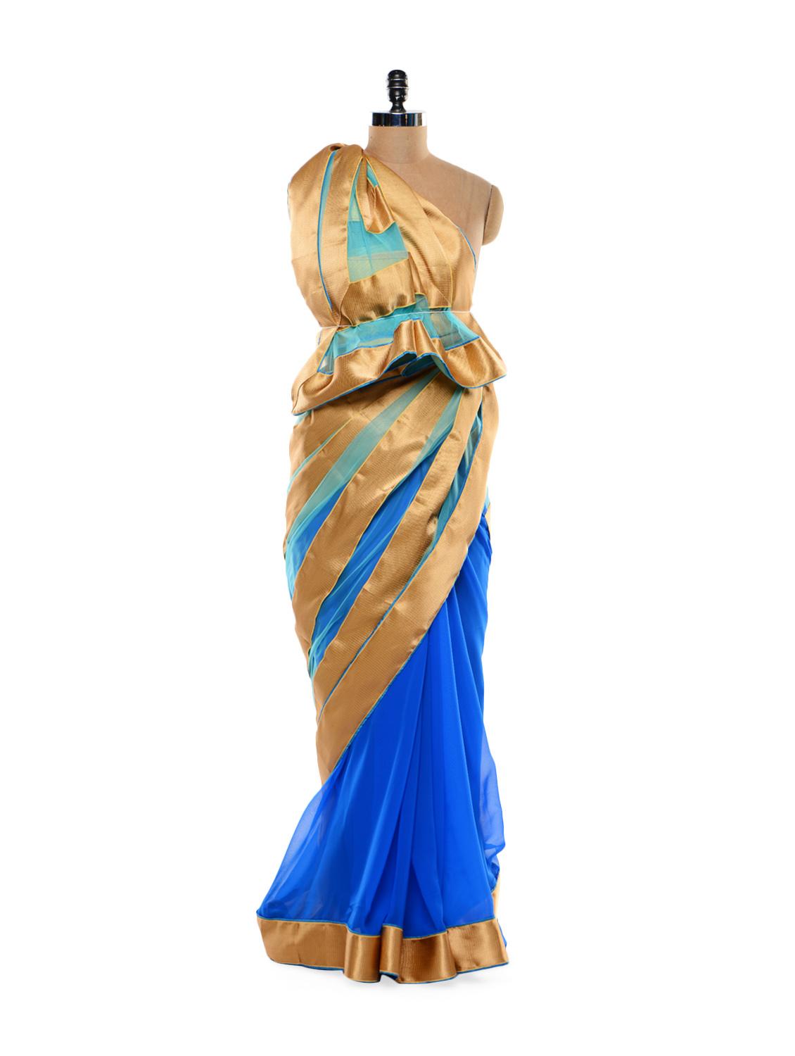 Blue With Gold Stripes Saree - Get Style At Home