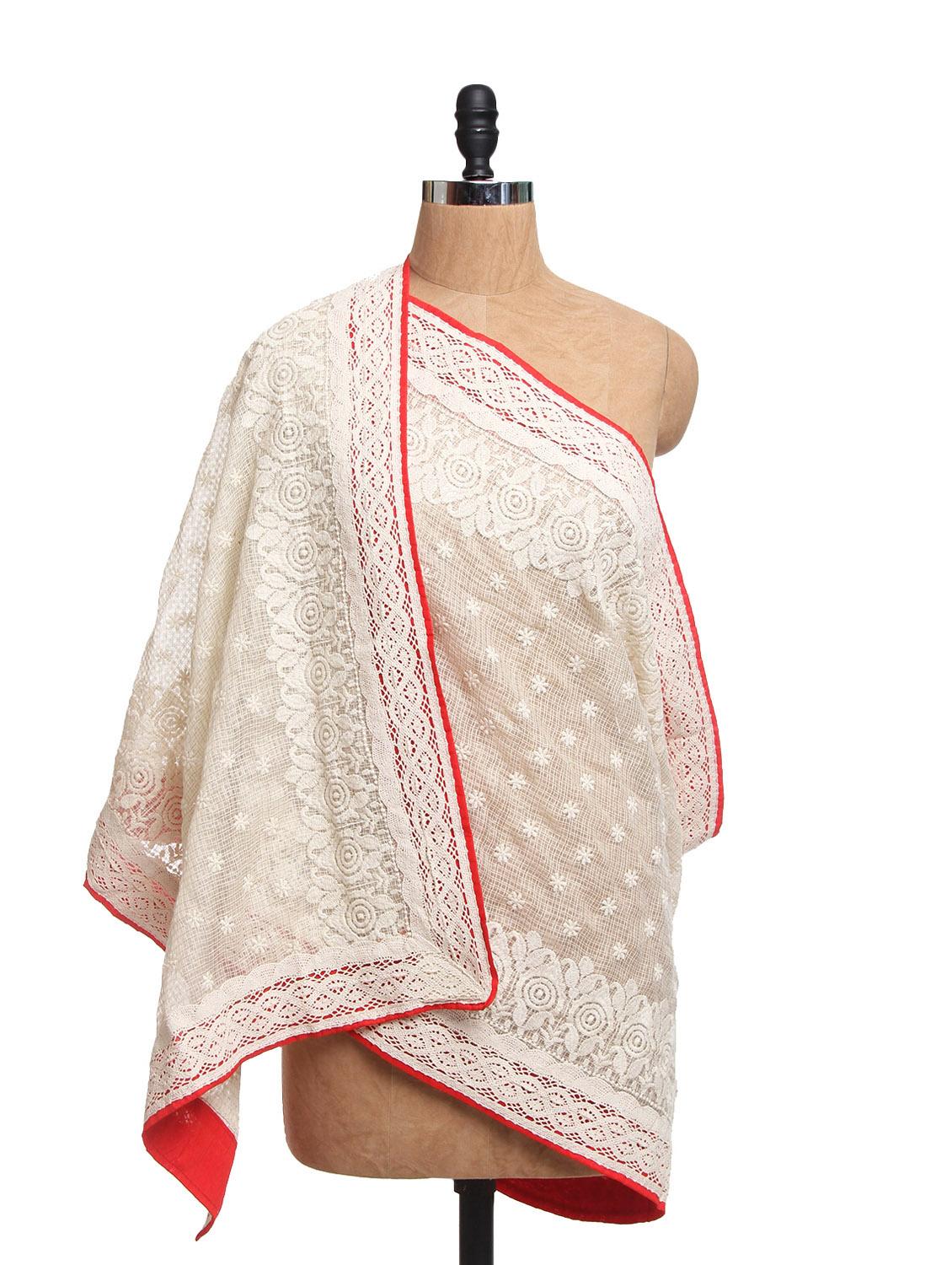 Ivory Tissue Silk Dupatta With Red Piping And Cotton Lace - Dupatta Bazaar