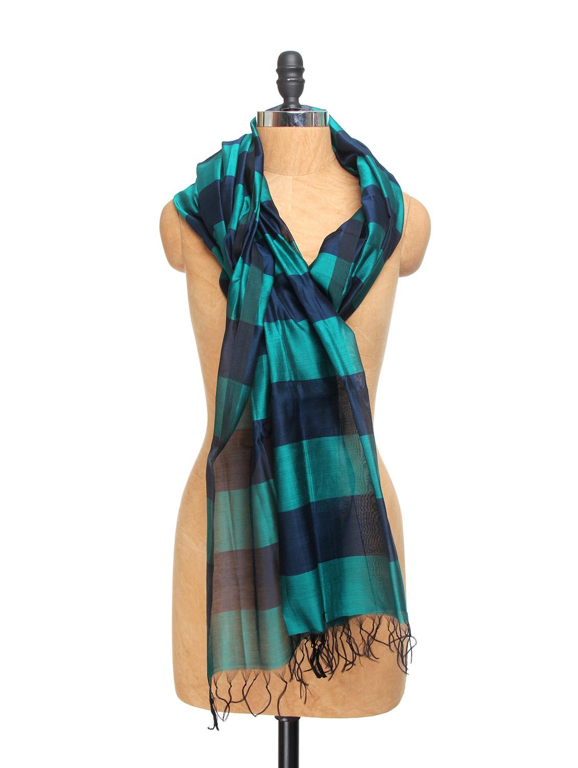 Turquoise And Navy Blue Chanderi Silk Striped Dupatta - Dupatta Bazaar