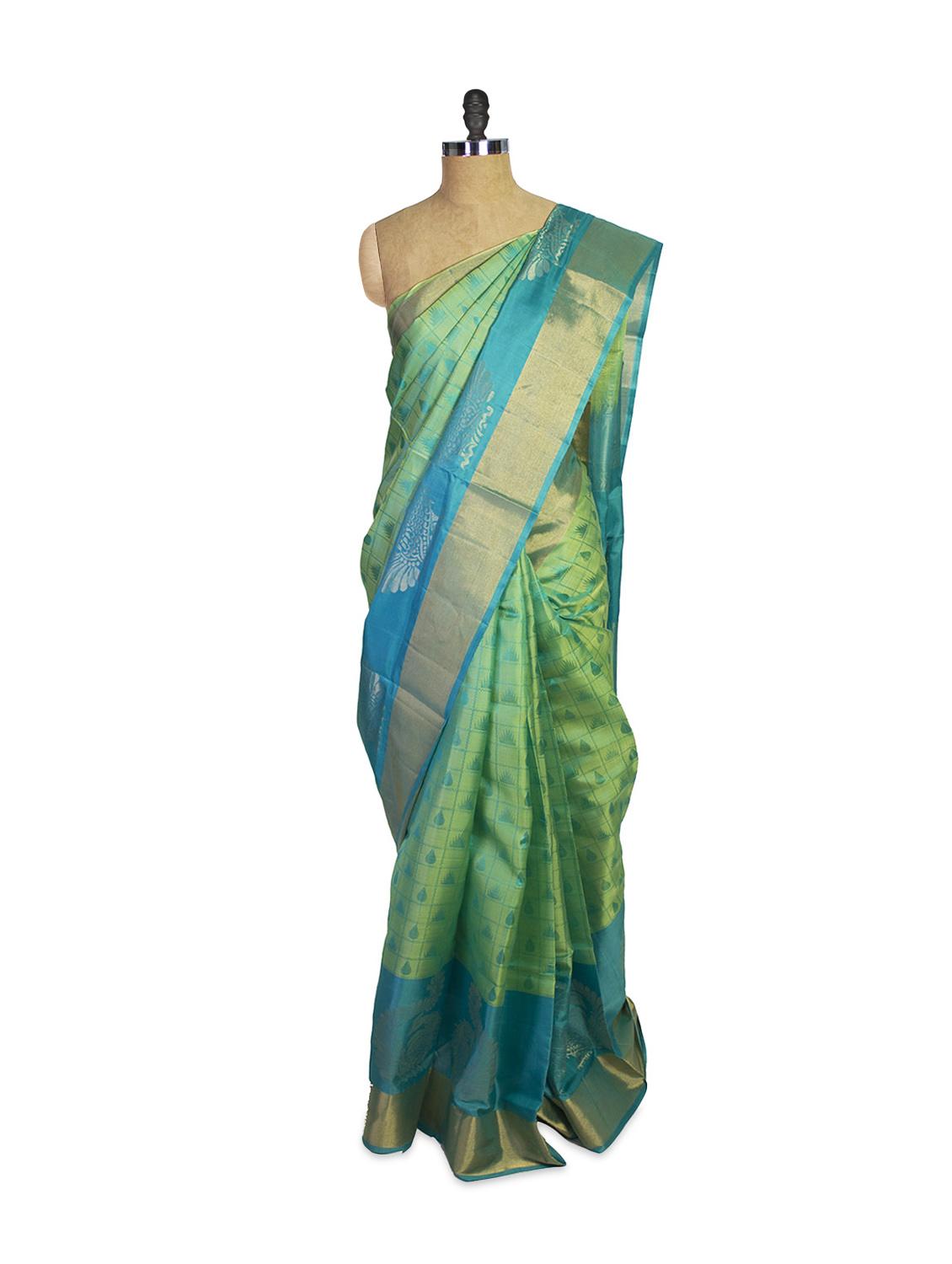 Blue & Green Kanchipuram Mayuri Men Pattu Silk Saree - Pothys