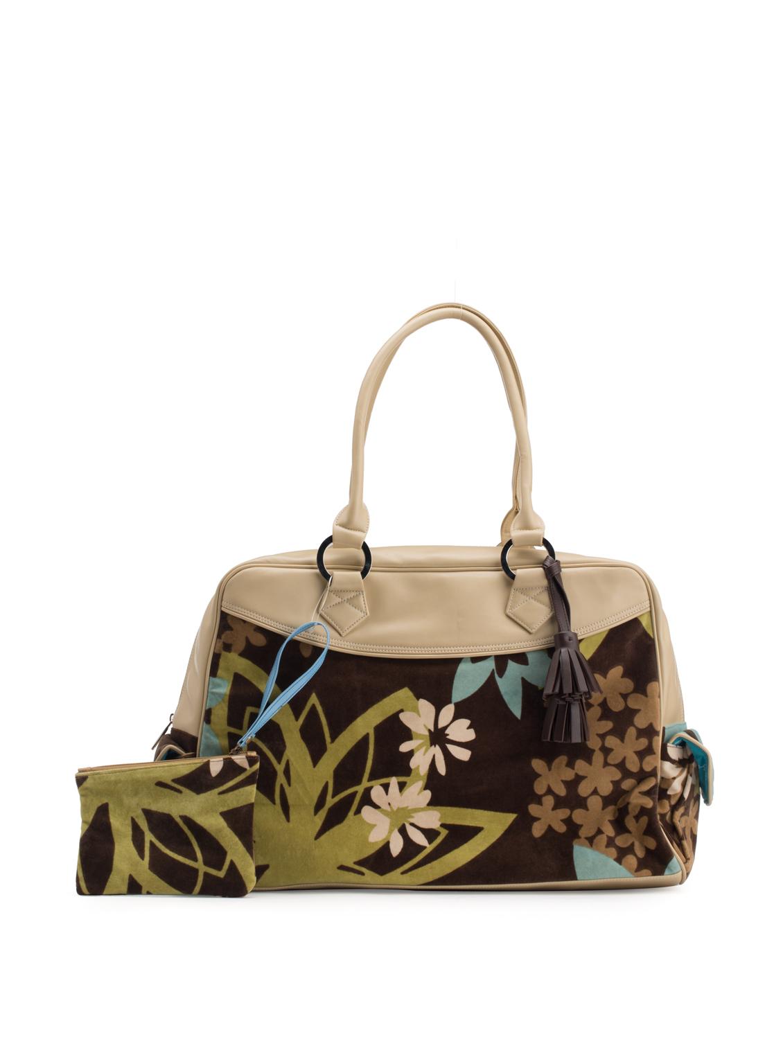 Beige Trim Overnight Bag With Floral Print - Toshe