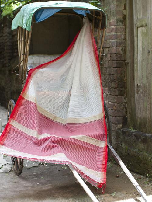 White And Red Cotton Silk Saree - Cotton Koleksi