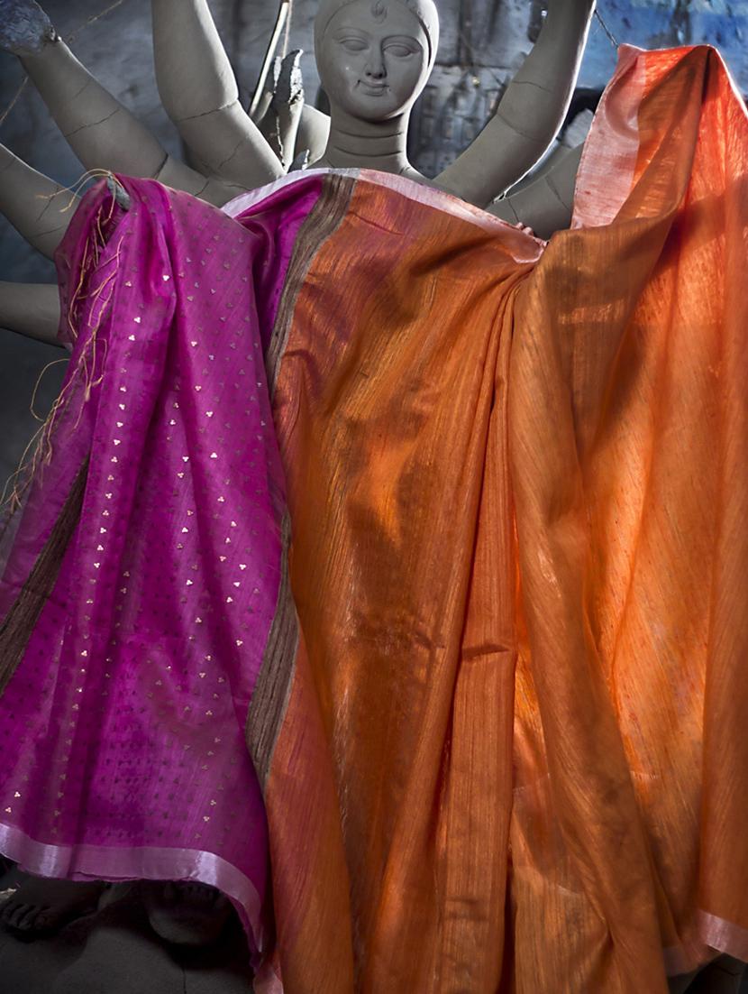 Orange Matka Silk Saree With Pink Aanchal - Cotton Koleksi