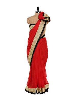 Scarlet Red Saree with Gold Border