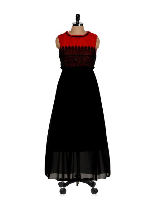Sultry Black And Red Lacey Maxi Dress - Eavan