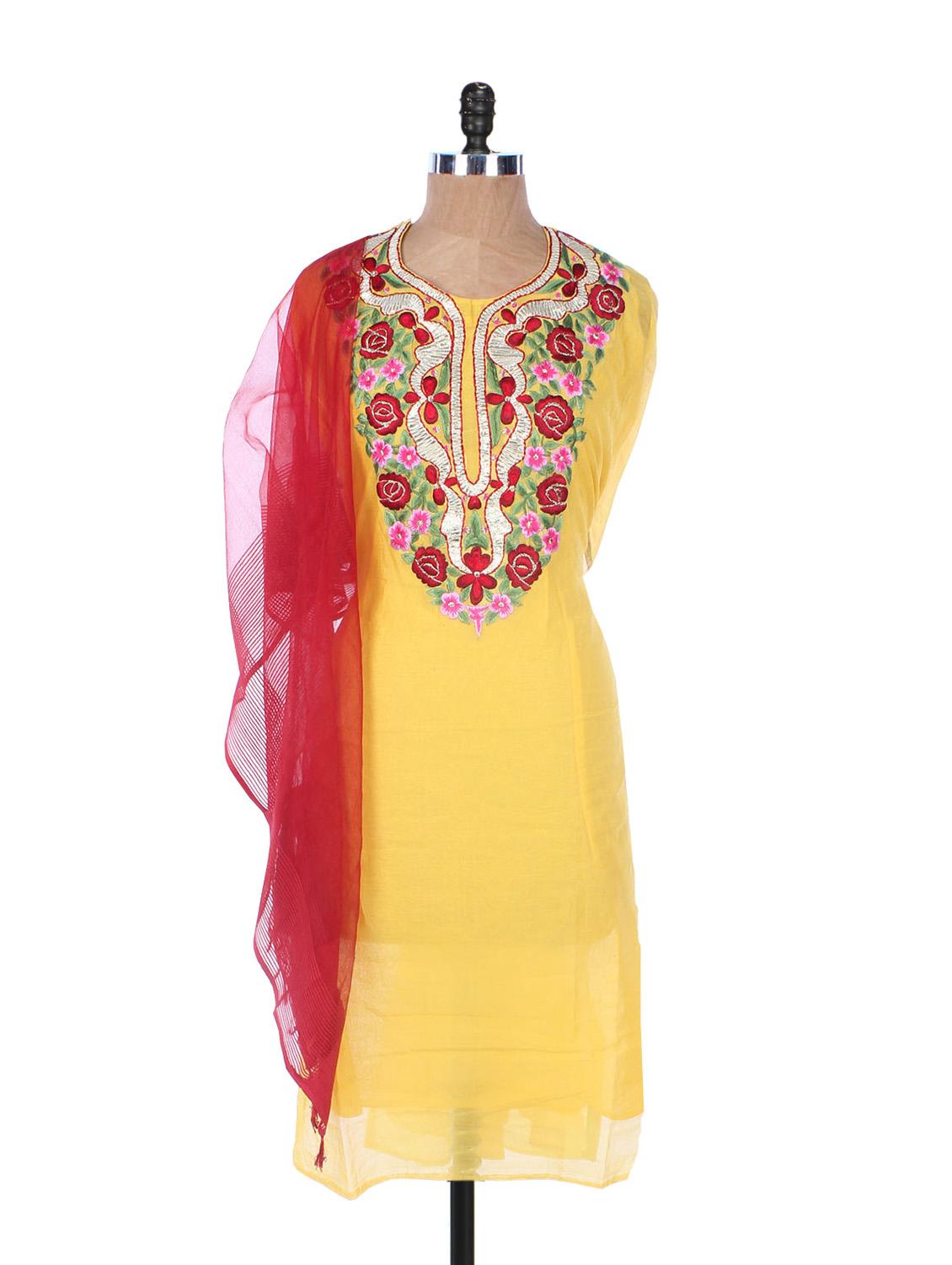 Yellow Linen Kurta With Pink And Red Embroidery On The Placket And Sleeves, Red Dupatta - Krishna's