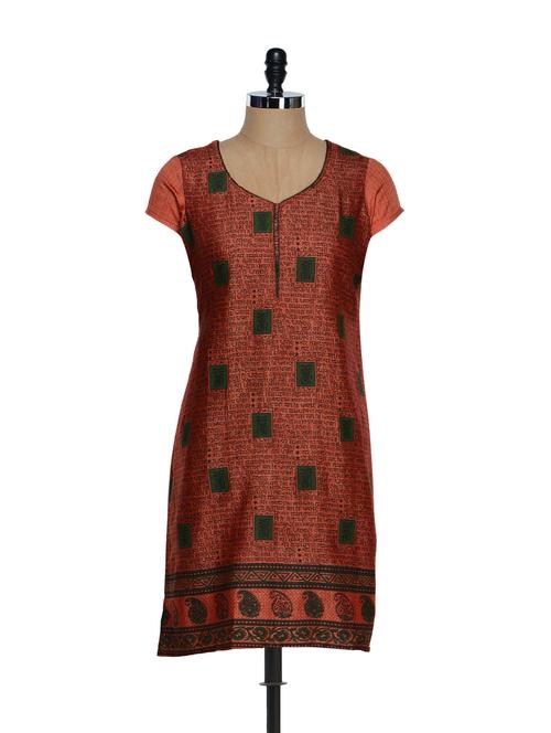 Scarlet Red Printed Chanderi Cotton Kurti - Limo