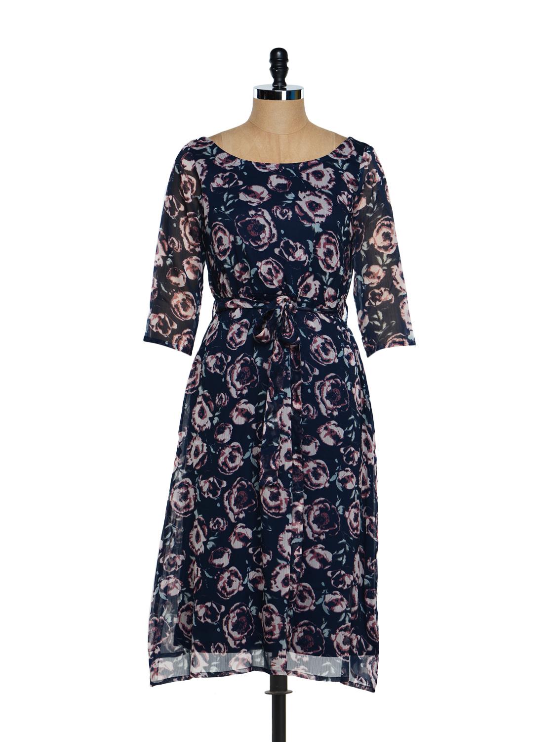 Navy Floral Midi Dress - Magnetic Designs