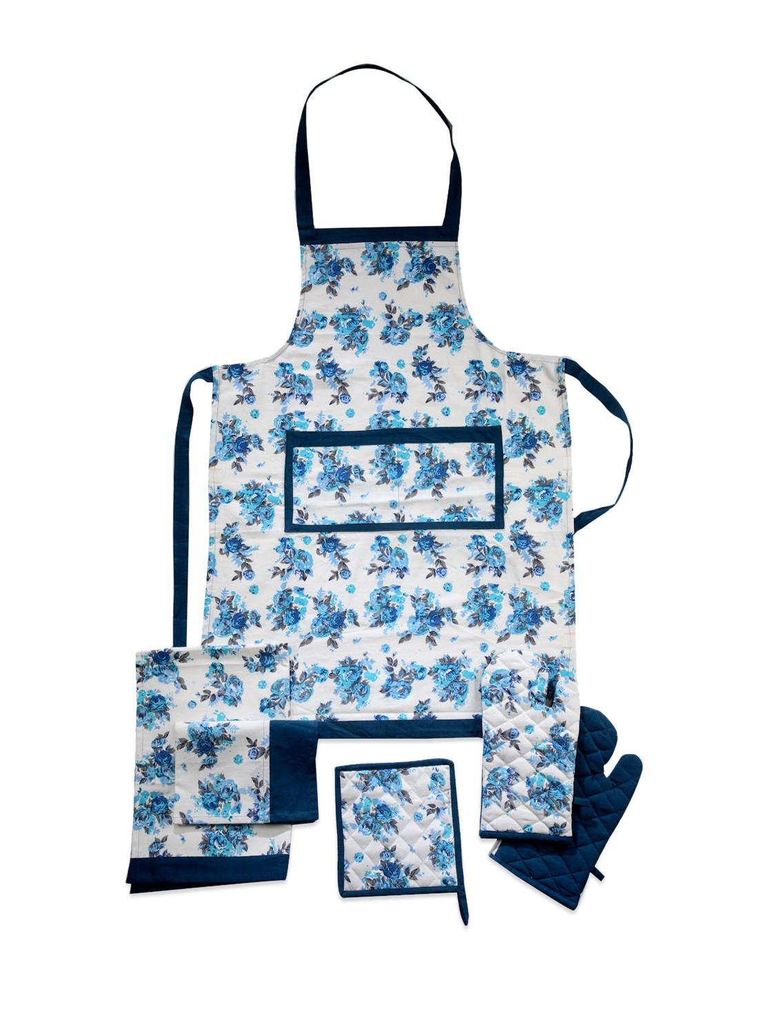 White Base Apron With Blue Floral Print Combo. Set Of 6 Pieces - Dekor World