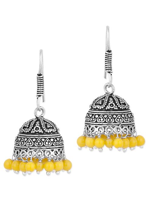 Intricately Designed Jhumkis with Yellow Beads - 890015 - Very Small Image - 1