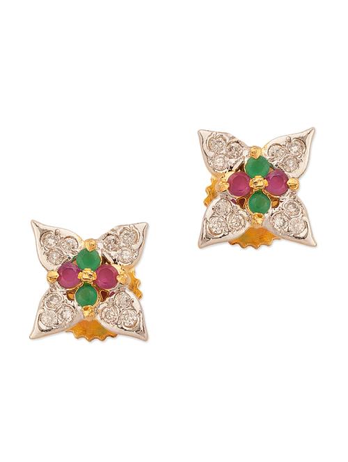 Yellow Gold Plated Floral Motif With Pink And Green Color Stones - Voylla