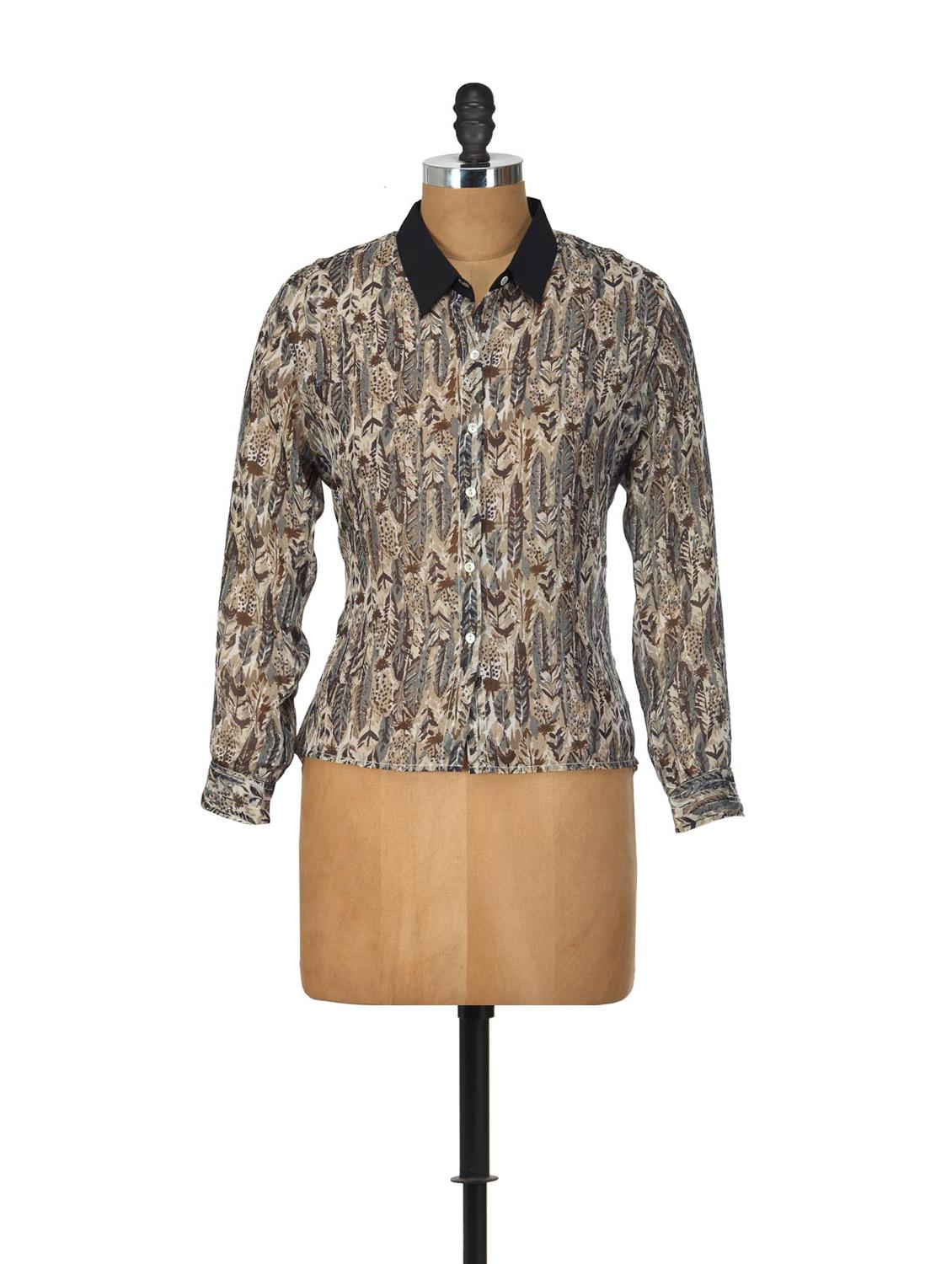 Feather Print Tribal Shirt Style Top - Yepme