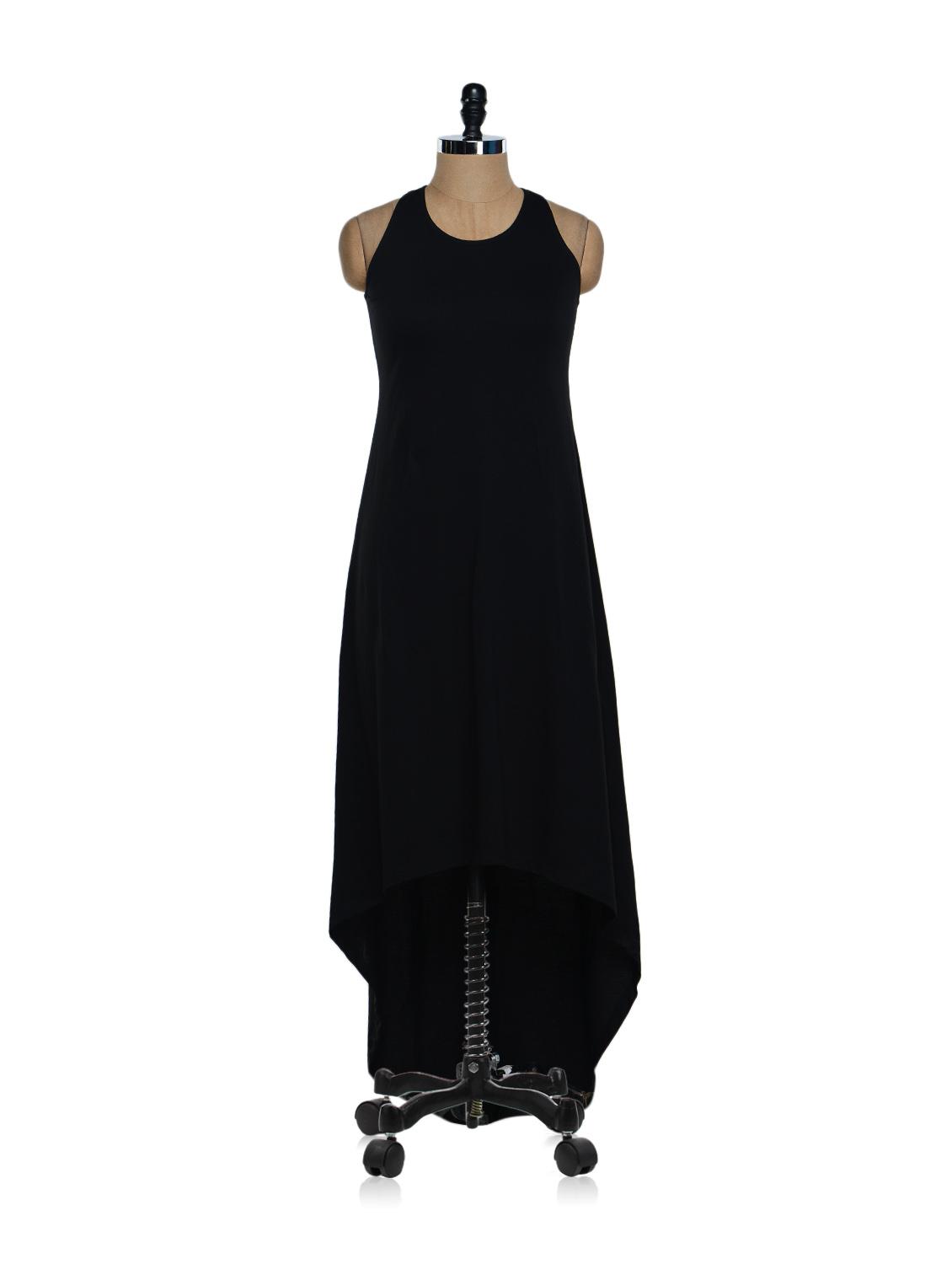 Bold Black Asymmetrical Lycra Knit Maxi Dress - Femella
