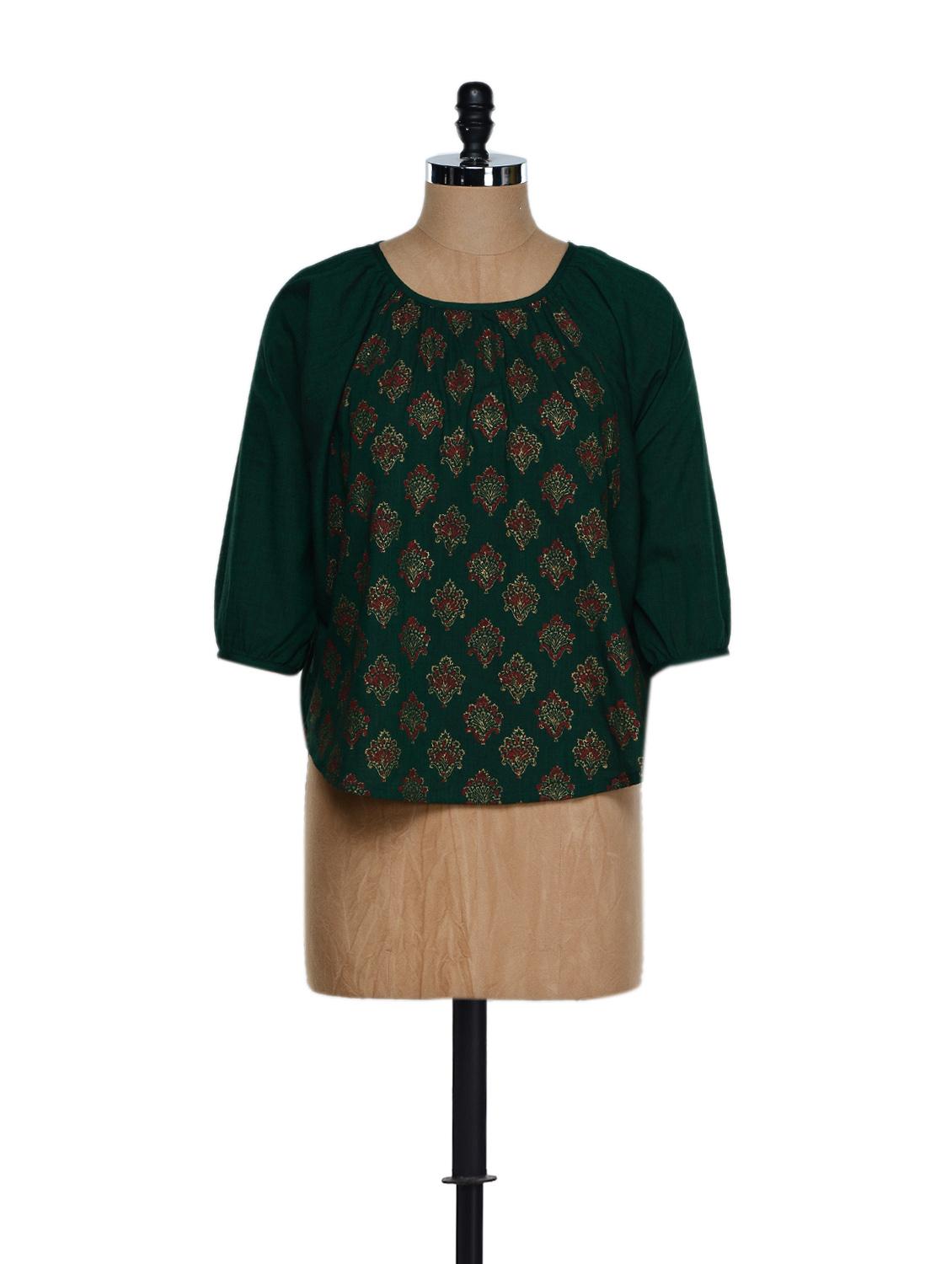 Dark Green Three-quarter Sleeved Traditional Block Printed Cotton Top - 9rasa