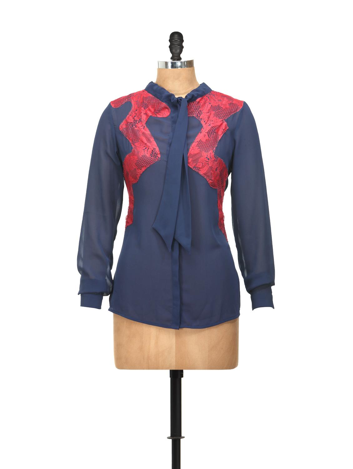 Navy Blue Full-sleeved Bow-tie Shirt - L'elegantae