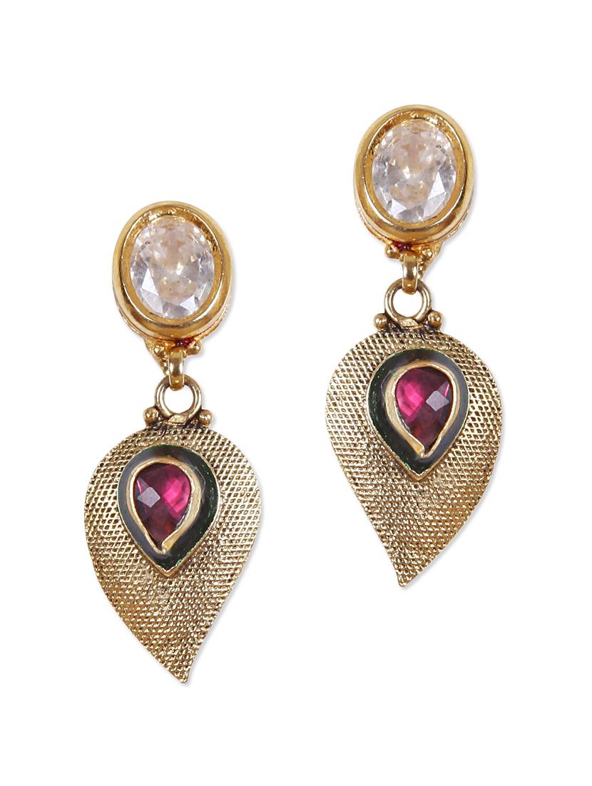 Fancy Drop Earrings With Red Stone And American Diamond - Rajwada Arts
