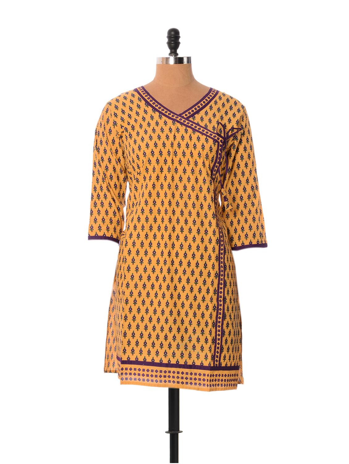 Yellow And Purple Printed Kurti - Little India