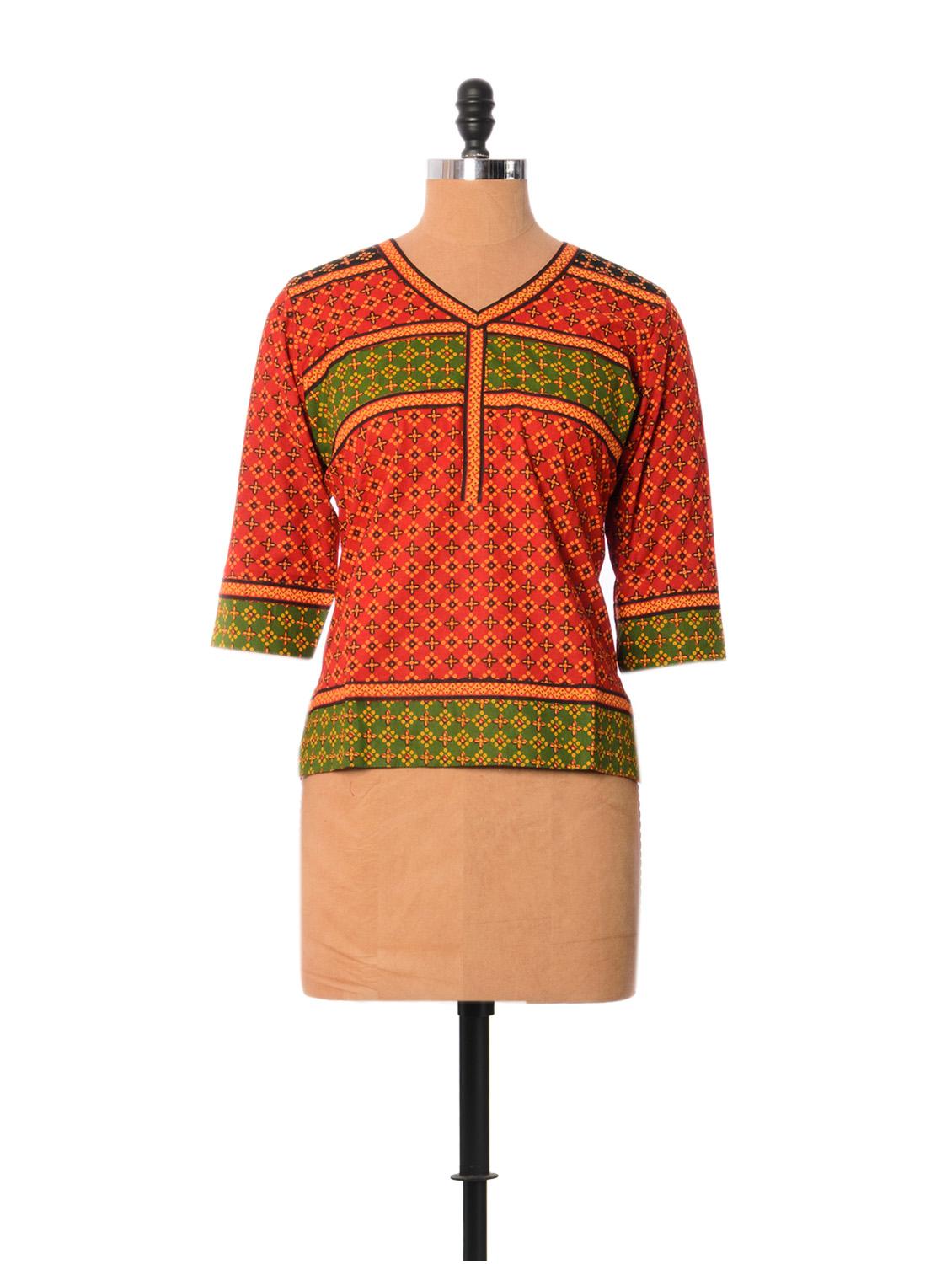 Ethnic Red Printed Cotton Top - Little India