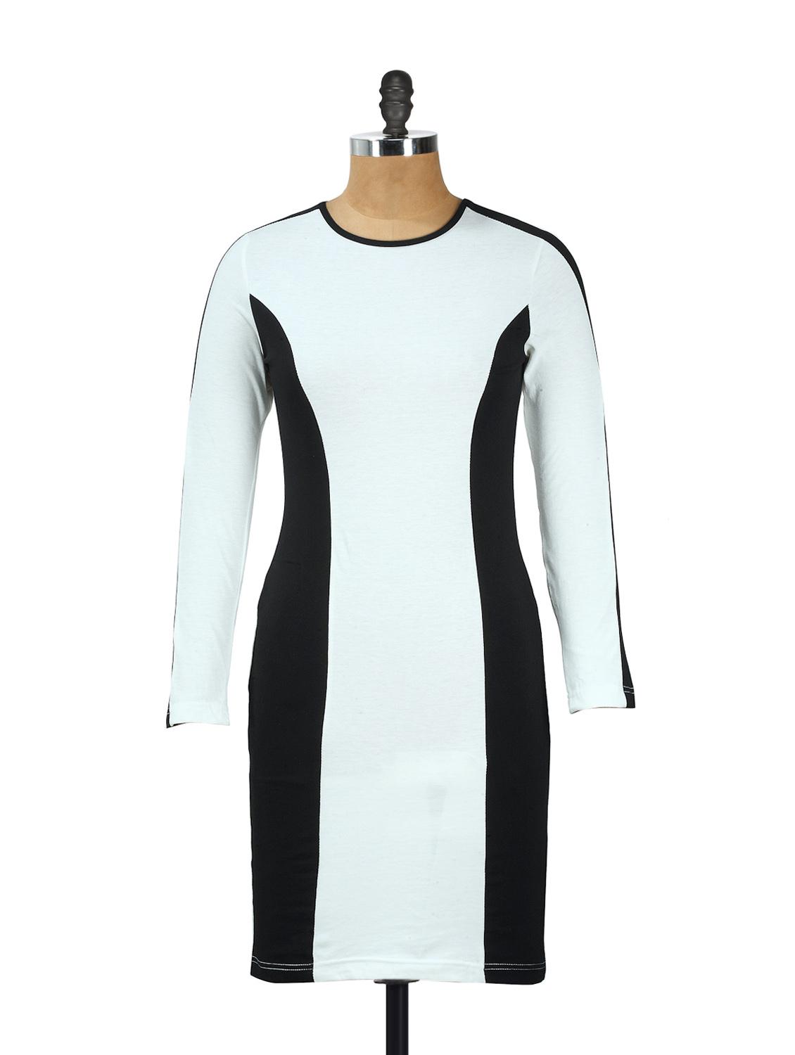 White Cotton Knit Full-sleeved Dress With Black Side Stripes - AKYRA