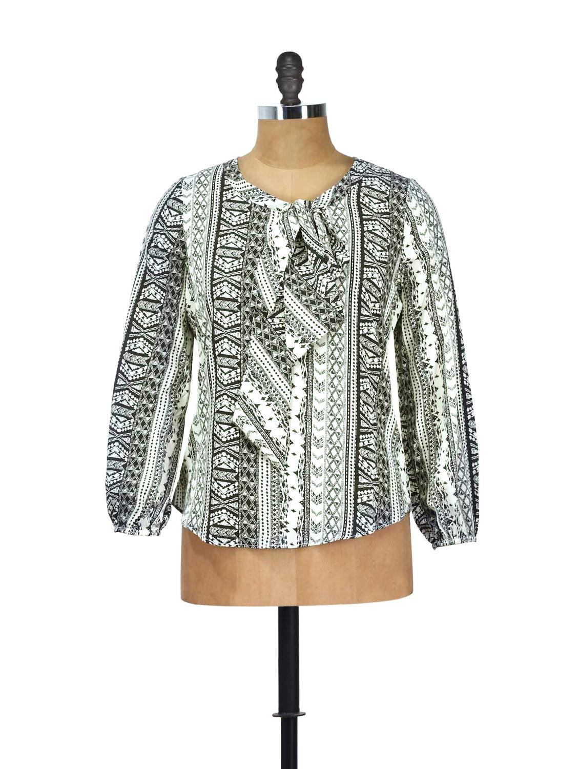 Black And White Printed Top With A Tie-up On The Neck - AKYRA