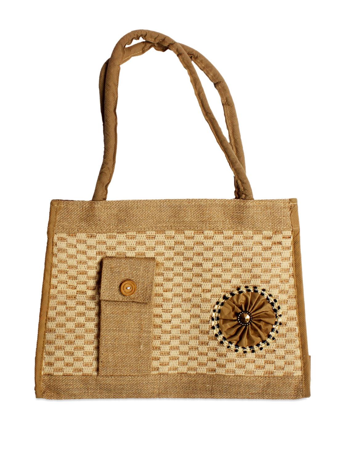 Stylish Brown Jute Tote Bag With A Side Pocket - Pulpypapaya