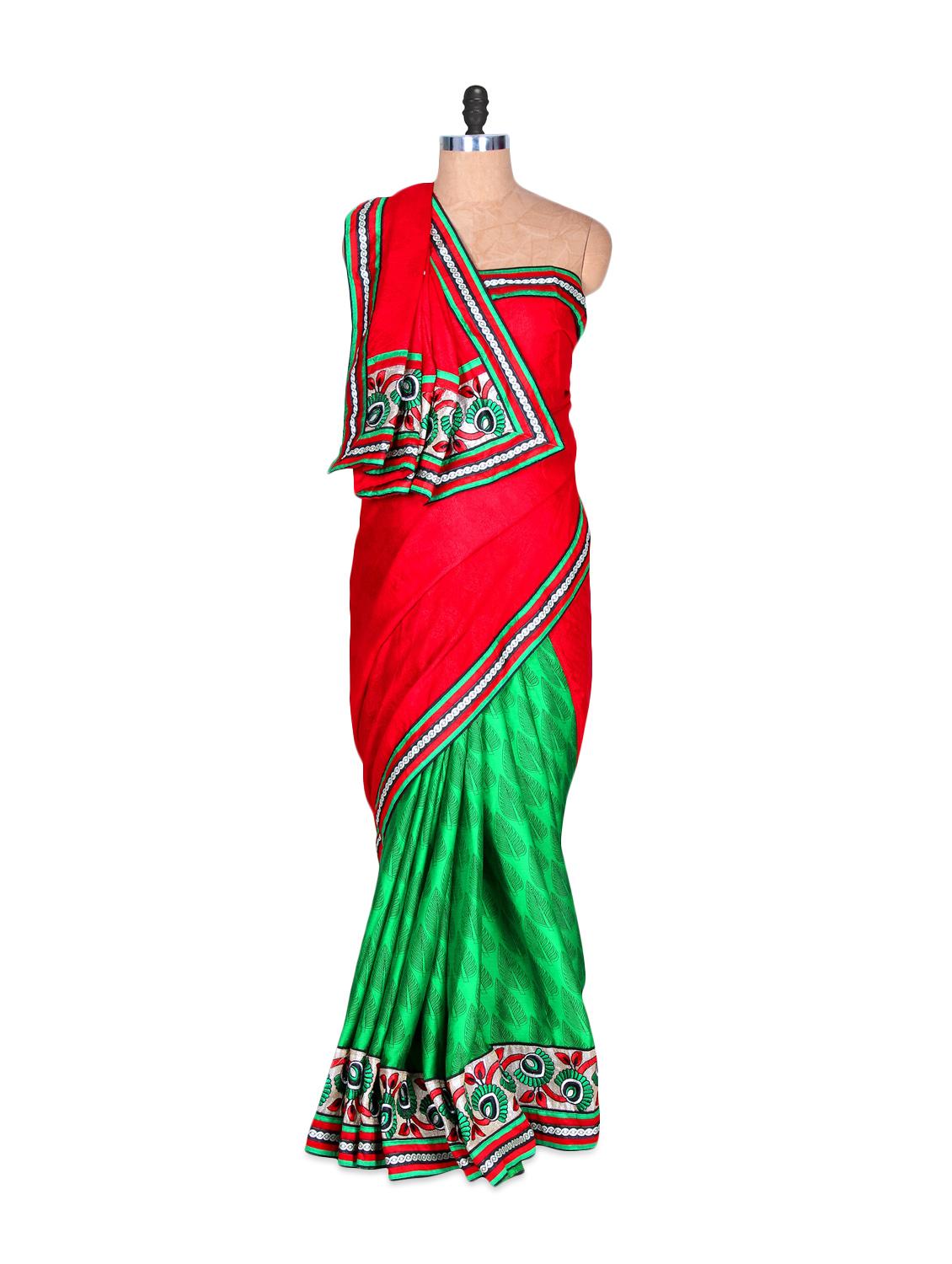 Red And Green Half & Half Art Silk Saree, With Matching Blouse Piece - Saraswati