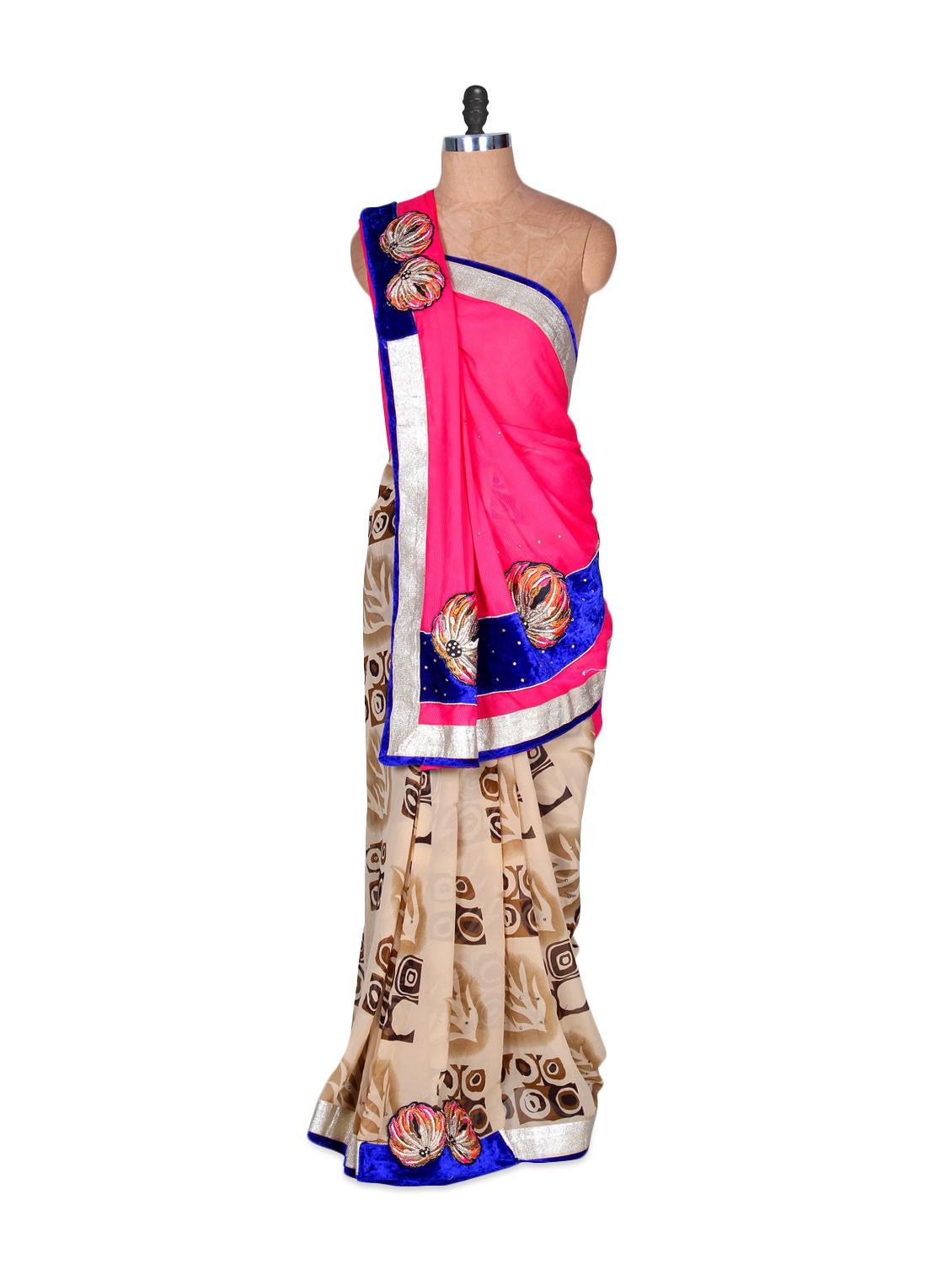 Pink And Beige Art-silk Saree With Brown Prints, With Matching Blouse Piece - Saraswati
