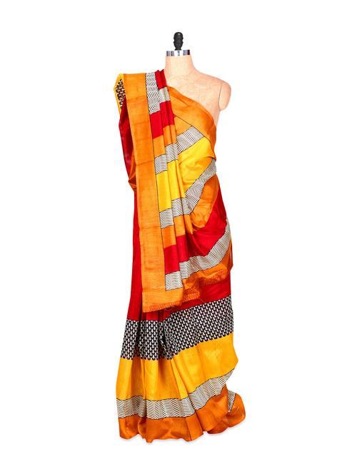 Red, orange and yellow bhagalpuri silk saree in printed fabric, with matching blouse piece - 900114 - Very Small Image - 1