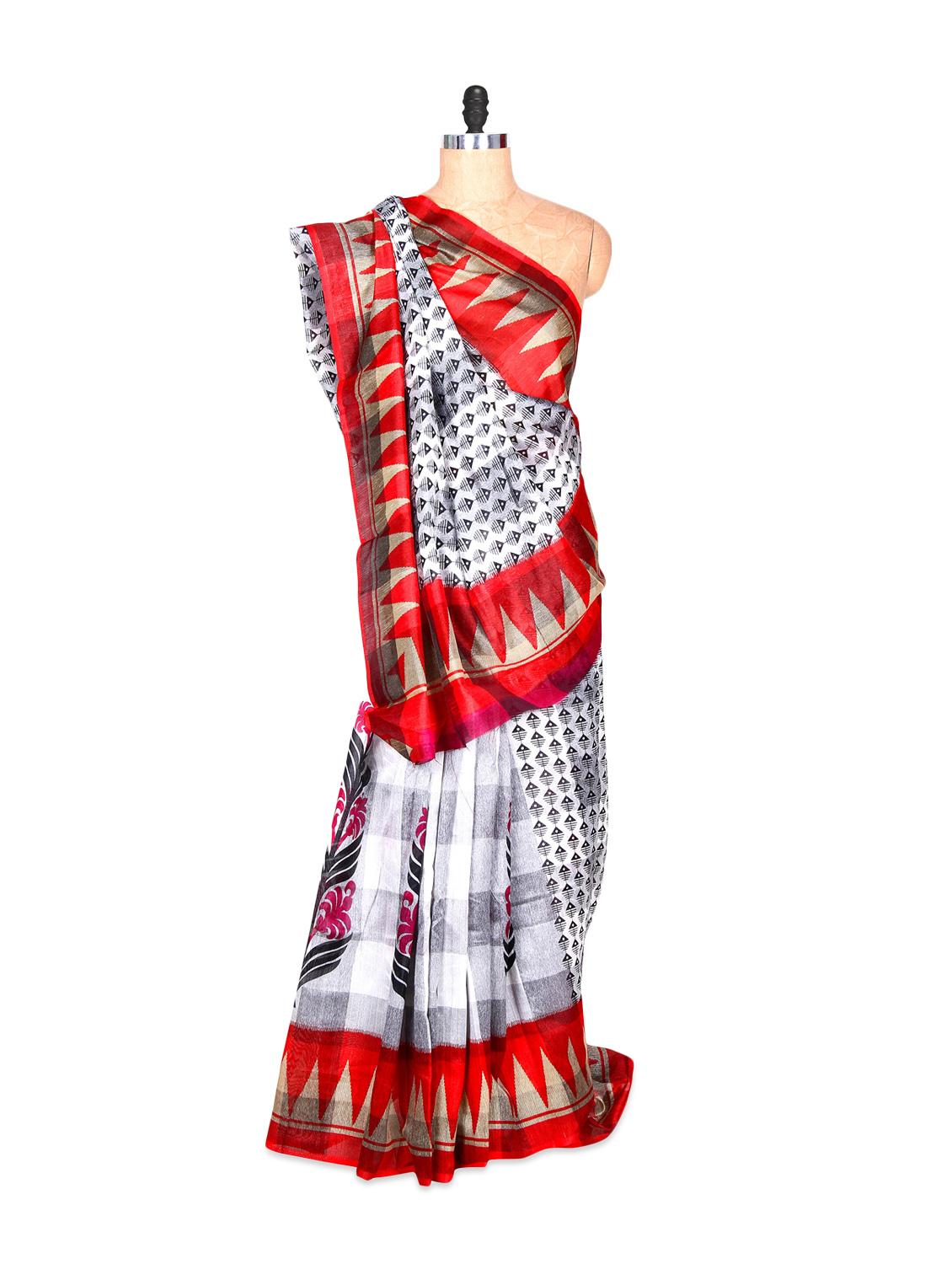 White And Red Bhagalpuri Art Silk Printed Fabric Saree, With Matching Blouse Piece - Saraswati