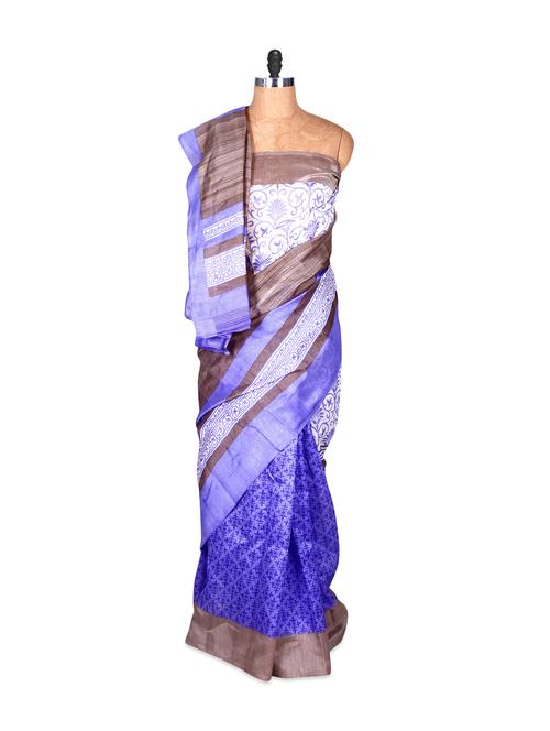 Blue And White Bhagalpuri Art Silk Printed Fabric Saree, With Matching Blouse Piece - Saraswati