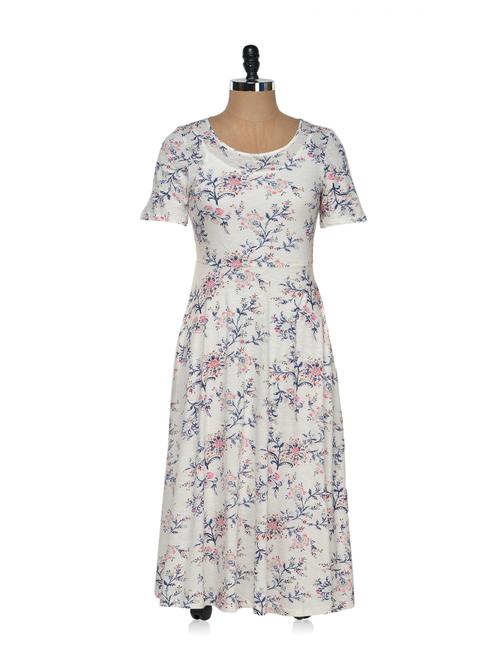White Floral Printed Midi Dress - Magnetic Designs