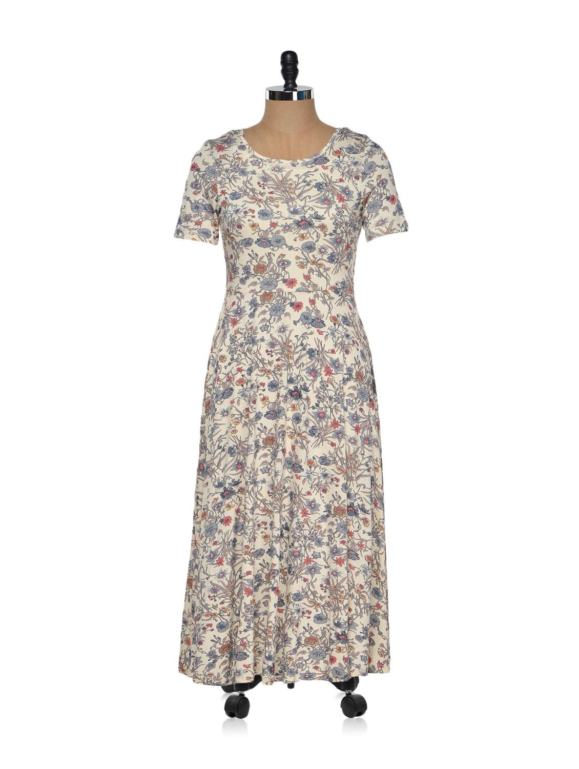 Beige Floral Printed Midi Dress - Magnetic Designs