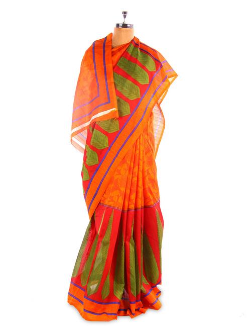 Amazing Orange Printed Bhagalpuri Silk Saree With Blouse Piece - Riti Riwaz