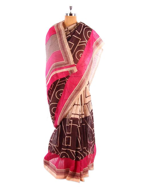 Pink And Brown Bhagalpuri Silk Saree - Riti Riwaz