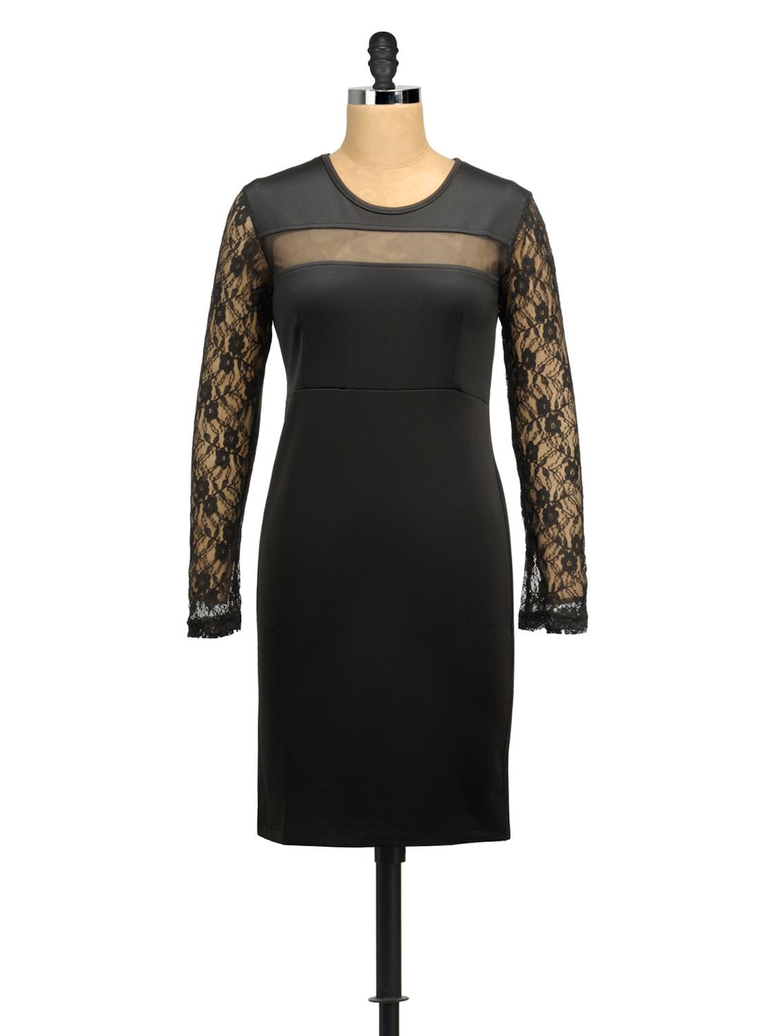 Mesh Stripe Bodycon Black Dress - MARTINI