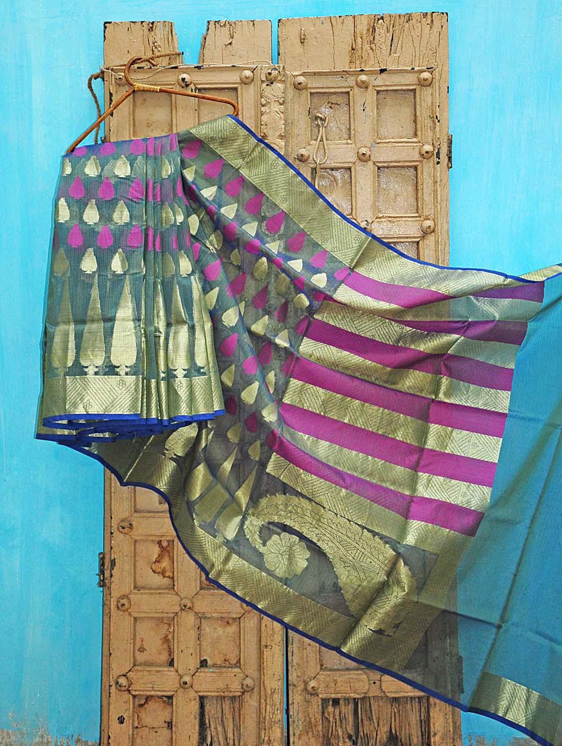Blue And Purple Kora Silk Saree - KAASI